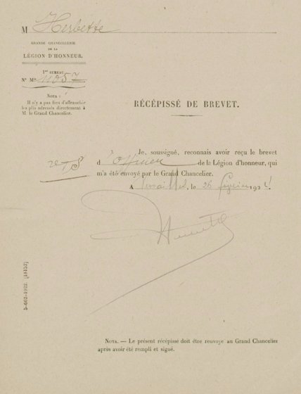 Rcpiss du Brevet d’officier de la Lgion d’Honneur sign de la main du Cdt Herbette. - 24.7 ko