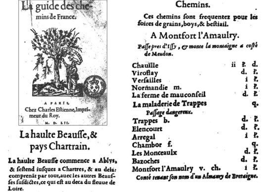 Itinraire de Paris  Montfort-l’Amaury mentionnant Viroflay en 1551. Nota : sauf en dbut ou en fin de mot, les caractres pour s et f sont communs, de mme que u et v.