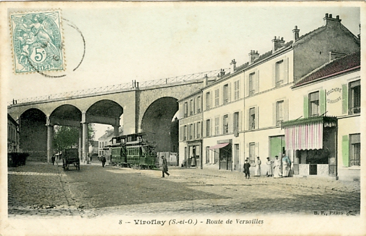 Belle vue des arcades et de la boucherie du viaduc (maison F. Dordoigne). CPA colorie (coll. part.)