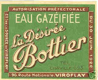 Etiquette de l’eau gazifie La Dsire-Bottier, exploitant F. Bottier. Autorisation prfectorale 30 juin 1922. (coll. part.)