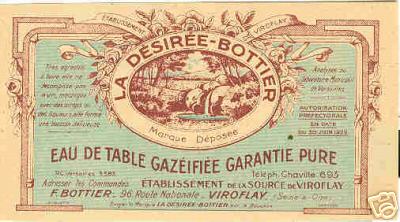 Etiquette de l’eau gazifie La Dsire-Bottier, exploitant F. Bottier. Autorisation prfectorale 30 juin 1922. (coll. part.)