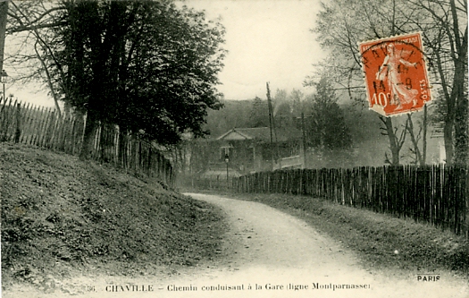 Chemin conduisant  la gare (ligne Montparnasse). CPA d. F. Fleury, Paris, circule le 14/9/1919