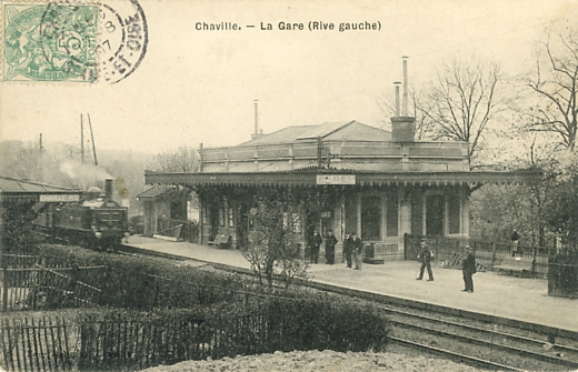 Entre du train venant de Versailles. Intrieur de la gare rive gauche et btiment des voyageurs. CPA circule le 17 aot 1907. (coll. part.)