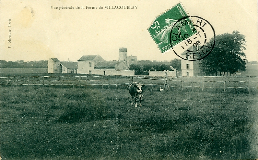 Vue gnrale de la ferme de Villacoublay. Ed. P. Marmuse. Carte colorie, dos blanc divis, ayant circul le 15/7/1908 
