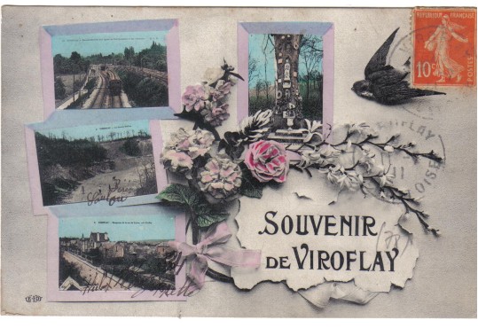Motif prcurseur dans un habillage fleuri avec l’hirondelle messagre. CPA ELD colorie, circule en 1911. Coll. prive.