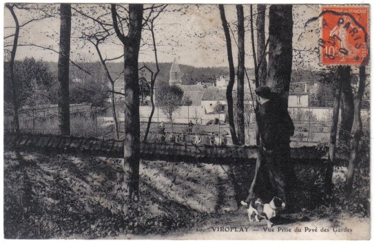 Vue du Village depuis le pav de Meudon. Un complice au chien espionne les ouvriers travaillant au potager.