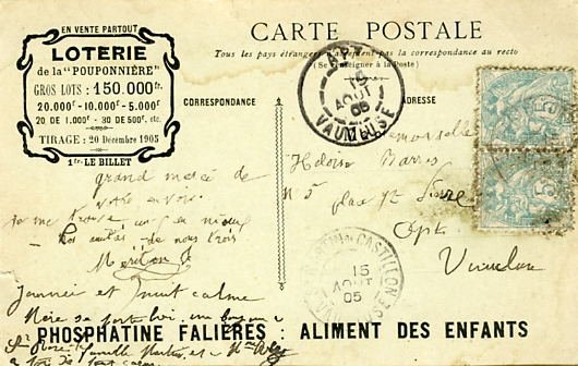 Dos de la CPA prcdente avec annonce de loterie et publicit pour la phosphatine Falires.CPA circule le 15 aot 1906.