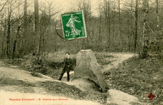 Pierre aux Moines. CPA collection Meudon Clamart, F.F. diteur (trfle rouge), circule juin 1906, dos divis. (collection particulire)