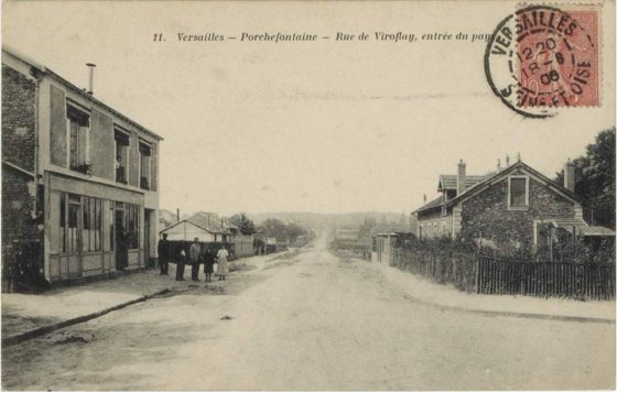 Perspective sur la rue de Viroflay depuis Porchefontaine. CPA circule 18/8/1906. Source Archives dpartementales 78