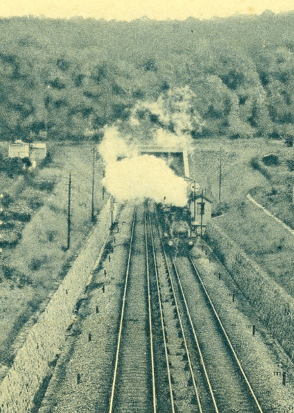 Zoom sur un train  vapeur sortant du tunnel de Meudon. (coll. part.)