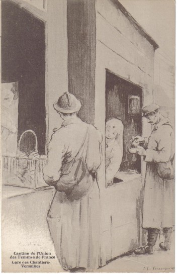 Dessin d’une distribution de soupe aux poilus en transit par Versailles, organis par l’Union de Femmes de France. CPA, coll. prive