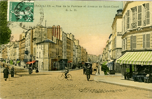 Non loin du Lyce Hoche, la rue de la Paroisse croise l’avenue de Saint Cloud. CPA colorie toile (coll. part.)