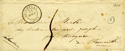 Enveloppe de courrier expédié le 31/8/1844 à Viroflay, reçu à Trouville le lendemain. (coll. part.)