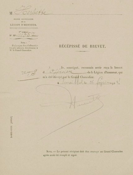 Rcpiss du Brevet d’officier de la Lgion d’Honneur sign de la main du Cdt Herbette. - 24.7 ko