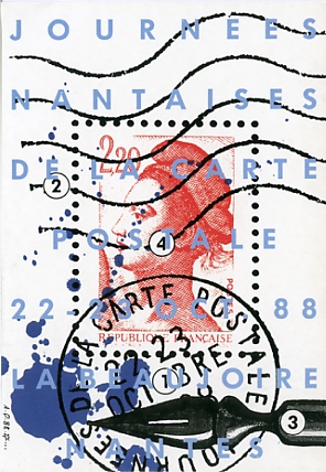 Carte-souvenir des JNCP, La Beaujoire, 22-23 octobre 1988. Création Alain Le Quernec. Ed.  Cartophiles du Pays Nantais. CP numérotée 00229  CPN165