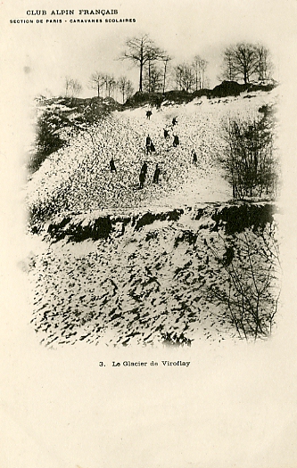 Le glacier de viroflay. Curieuse lgende pour cette carte du Club Alpin Franais. Section de Paris. La Sablire enneige est transforme en piste de luge, lieu de dtente pour les enfants des 