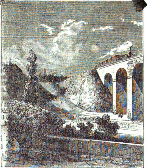 Pont de la grande route de Paris  Versailles. La route qui monte sur le talus est devenue la rue des Saisons. Gravure. L’Illustration, journal universel, n° du 3 janvier 1852. Coll. pers.