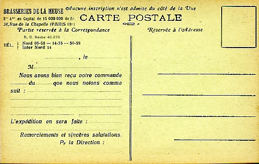 Dos vert de la CPA ci-dessus, rserve  la prise de commandes. CPA non circule.