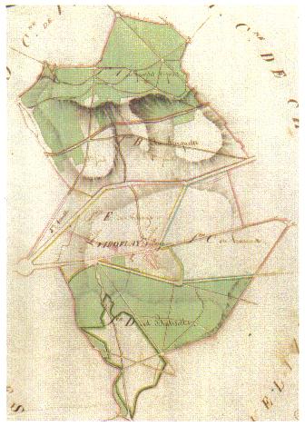 La commune en 1812. Noter le relief, rendu en gris, qu’il est difficile de percevoir actuellement avec les constructions. Les deux plateaux, surtout celui du versant sud, sont nets et expliquent la localisation des habitats. (Doc. Archives Dpt 78)