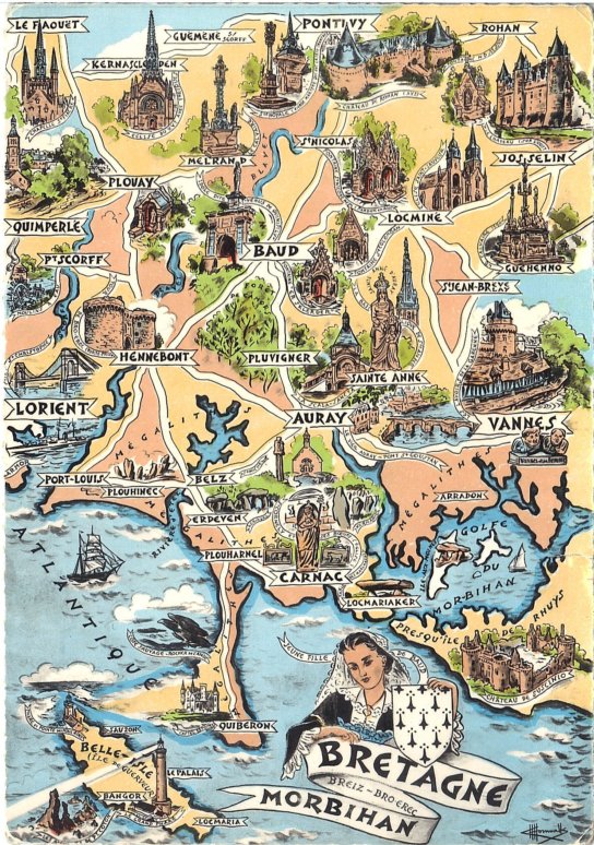 Le Morbihan (56). La carte est centre sur Baud, lieu du MUSEE DE LA CARTE POSTALE. CPSM grand format colorie.