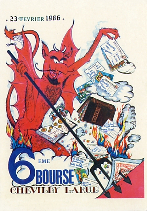CP souvenir du 6ème salon de Chevilly-Larue, le 23 février 1986. Illustration de Jacques GANDOIS. Tirage 1500 ex.