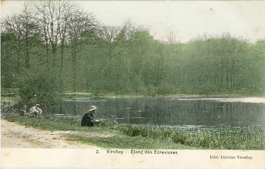 Etang des crevisses. Petite animation, pcheurs. CPA colorie, collection Viroflay n°2, dition Cerisier, Viroflay. Carte circule avant 1910, dos blanc divis. (collection particulire)