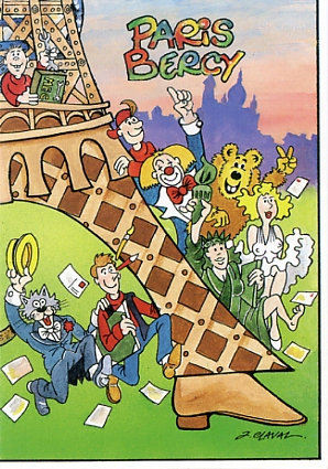 CP souvenir du 40me NUMICARTA. 14-15/9/2001 POPB Bercy. Dessin Jean CLAVAL. CPM d’une srie 4/4