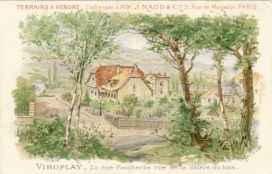 Dans cette carte due  l’illustrateur alsacien Paul Kauffmann, on voit la rue Faidherbe depuis la bordure du bois. Sans grand respect des proportions on voit le croisement avec la rue du Louvre puis la maison de P. Kauffmann, la 