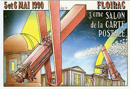 CP souvenir du 3ème salon de Floirac, 5-6 mai 1990.  Création Bernard VEYRI. Ed. Assoc. cartophile de l’Entre-deux -mers. Tirage 3000ex.