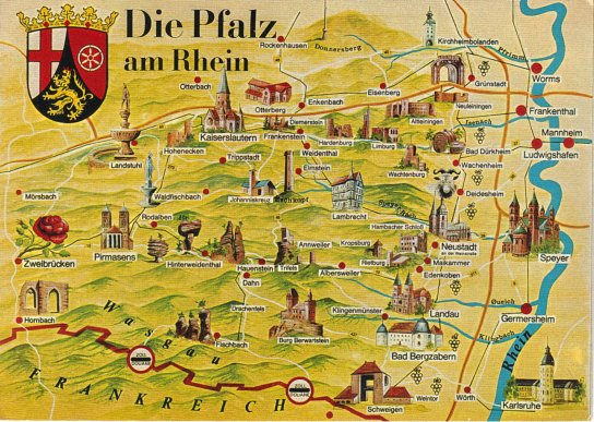 Notre ville jumelle Hassloch ne figure pas, mais doit tre vue proche de Neustadt. La route des vins (Weinstrasse) est bien symbolise. On voit aussi le trait rouge de la frontire avec la France..