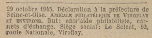 Parution au Journal Officiel de la dclaration en prfecture du 29 octobre 1945. Extrait du J.O. du 18 novembre 1945 (page 7692).