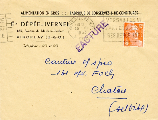 Enveloppe commerciale Dpe-Ivernel , alimentation en gros et conserves, 183 av. Marchal (sic) Leclerc, affranchissement  12F le 25/06/1953. (coll. part.)