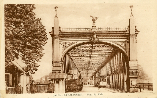 Strasbourg. Le pont de Kehl. CPA sépia n° 247 Ed Au Khédive, 18 rue du Vieux-Marché-aux-vins, Strasbourg, circulée le 9/8/1932 (coll. part.)