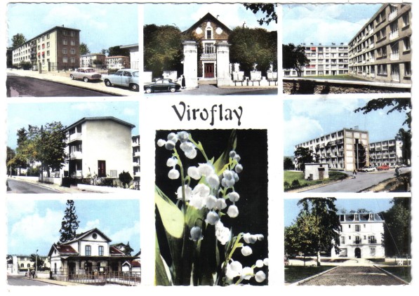 Multivues aux brins de muguet : Feuillantines, Mairie, Saint Vigor, Av. Boissier, Clos St Vigor, gare RG, chteau Vigne. Ed. Raymon. CPSM colorie bords dentels circule le 16/8/1971. Coll. prive