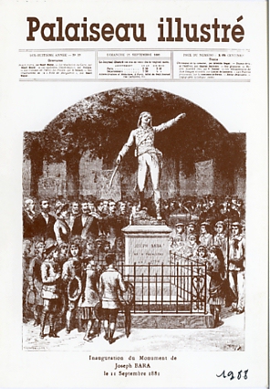 CP souvenir de la bourse de palaisea du 31 janvier 1988. Illustration J.-M. JACQUEMIN d’après le Palaiseau Illustré pour l’inauguration de la statue à Joseph Bara.