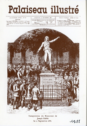 CP souvenir de la bourse de palaisea du 31 janvier 1988. Illustration J.-M. JACQUEMIN d’aprs le Palaiseau Illustr pour l’inauguration de la statue  Joseph Bara.