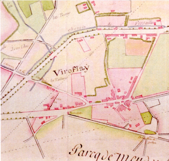 Dtail du plan centr sur le village. On reconnait le groupe de maisons au carrefour de l’glise, le clos Boisseau et l’amorce de la route de Chaville  droite (Boissier) et la rue rectiligne descendant vers la valle  la Grce de Dieu (Dailly). Vers l’ouest,  gauche, les demeures Vigor et la Source font face  une pointe de prs (Bertisettes) et bordent la route de la tuilerie (Corby) vers le Chesnay. La route de Meudon, longeant le bois, est bien dfinie et longe Gaillon par le sud. Le nord est en haut de l’image.