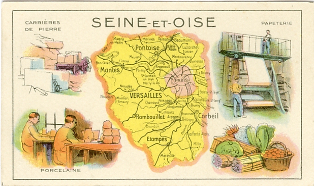 La Seine-et-Oise tait un dpartement immense, qui entourait Paris et le dpartement de la Seine. Sa prfecture tait  Versailles. Il est intressant de noter les points forts mis en avant, carrires de pierre, papeterie, porcelaine et produits marachers.(image bon-point)