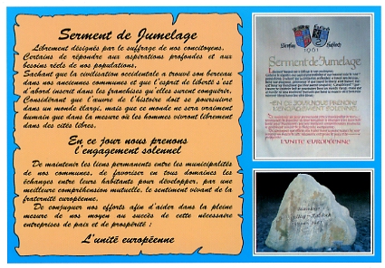 Parchemin portant le serment de jumelage et pierre grave dans le jardin de la Mairie de Viroflay. CPM dite par la ville de Viroflay  l’occasion du cinquentenaire du jumelage. (coll. part.)