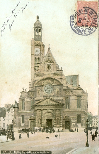 En haut de la montagne Ste Geneviève, l’église Saint-Etienne-du-Mont. Légère colorisation, carte circulée le 16 juin 1905. (coll. part.)