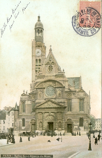 En haut de la montagne Ste Genevive, l’glise Saint-Etienne-du-Mont. Lgre colorisation, carte circule le 16 juin 1905. (coll. part.)